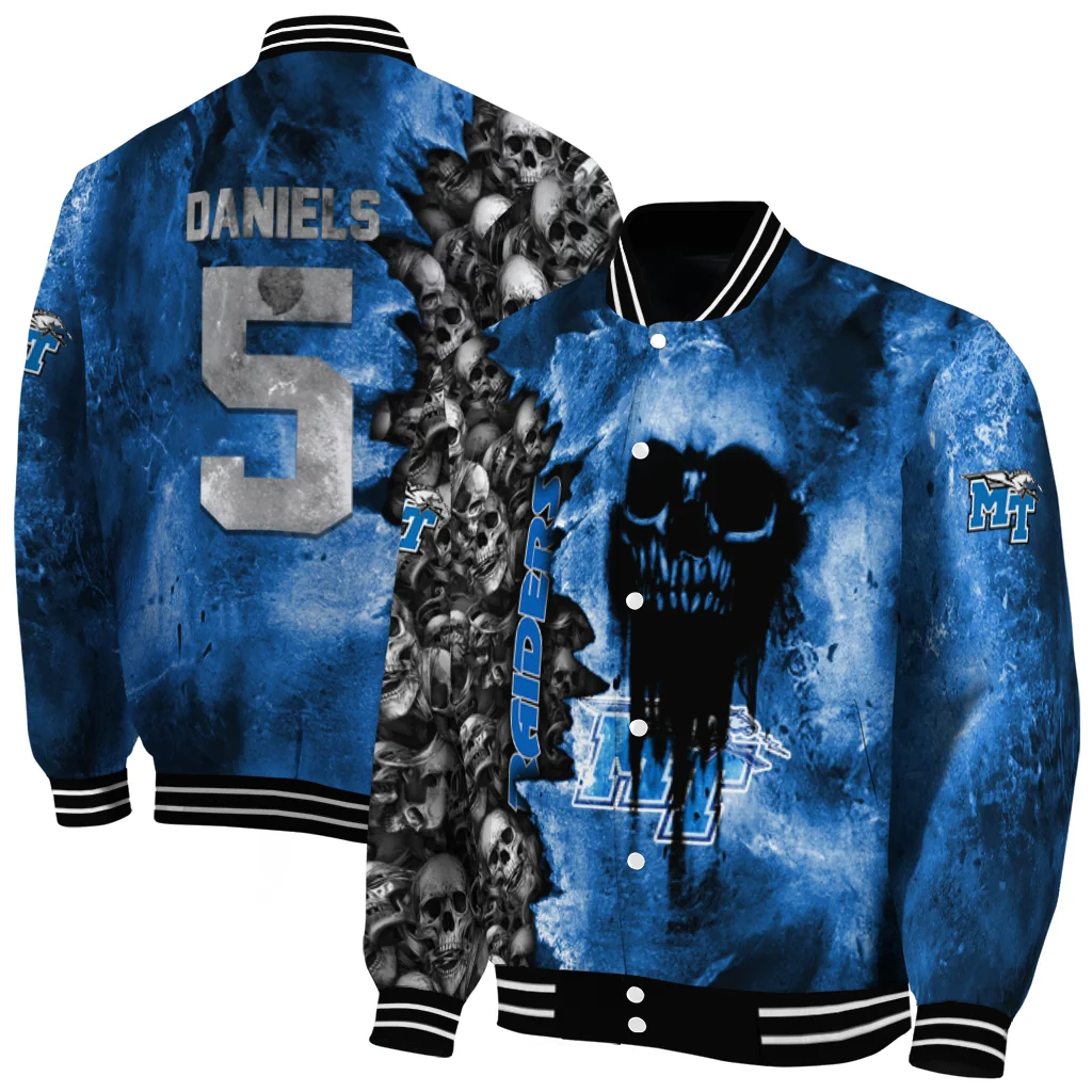 custom middle tennessee blue raiders skull cluster blue varsity jacket fashion forward custom middle tennessee blue raiders skull cluster blue varsity jacket fashion forward