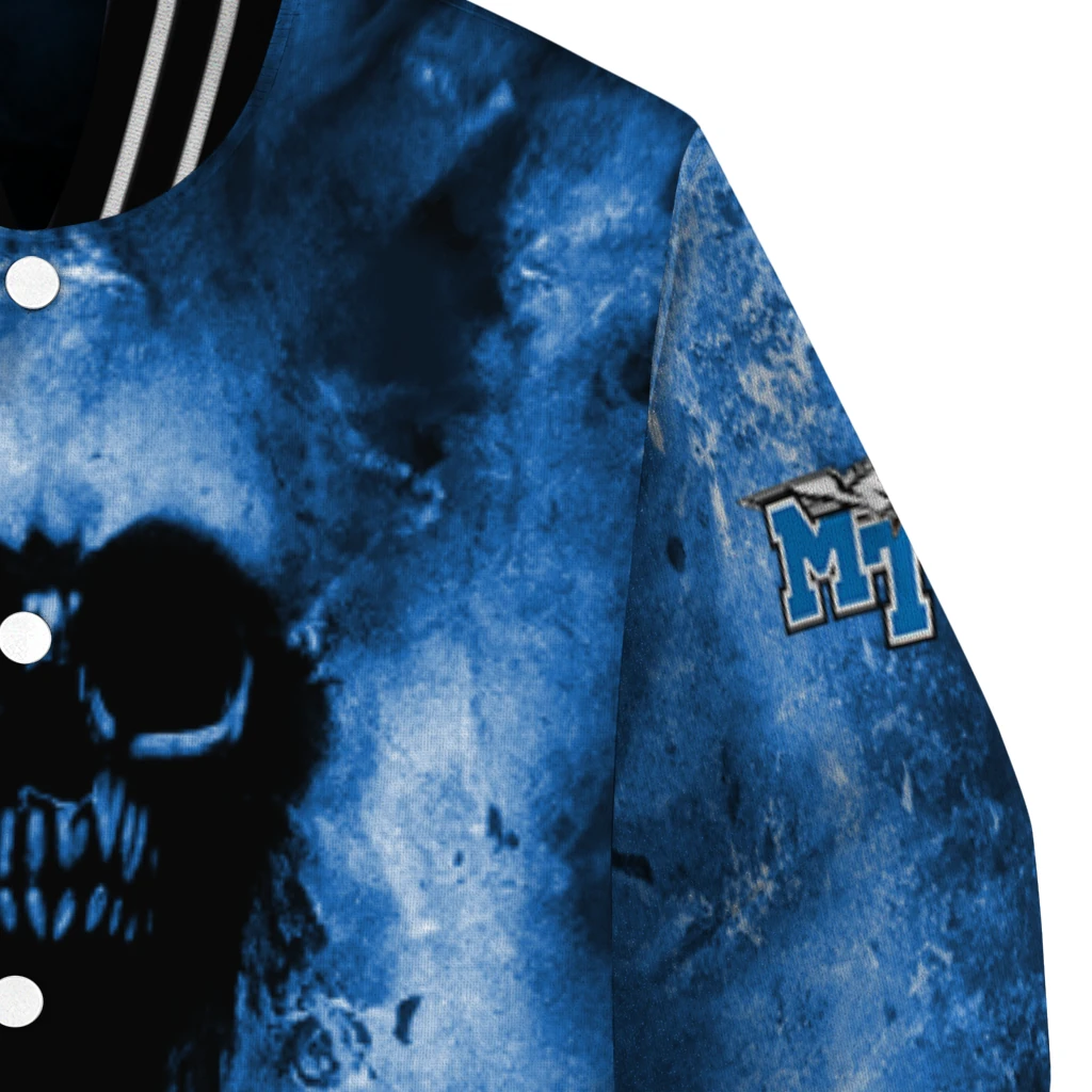 custom middle tennessee blue raiders skull cluster blue varsity jacket premium grade custom middle tennessee blue raiders skull cluster blue varsity jacket premium grade