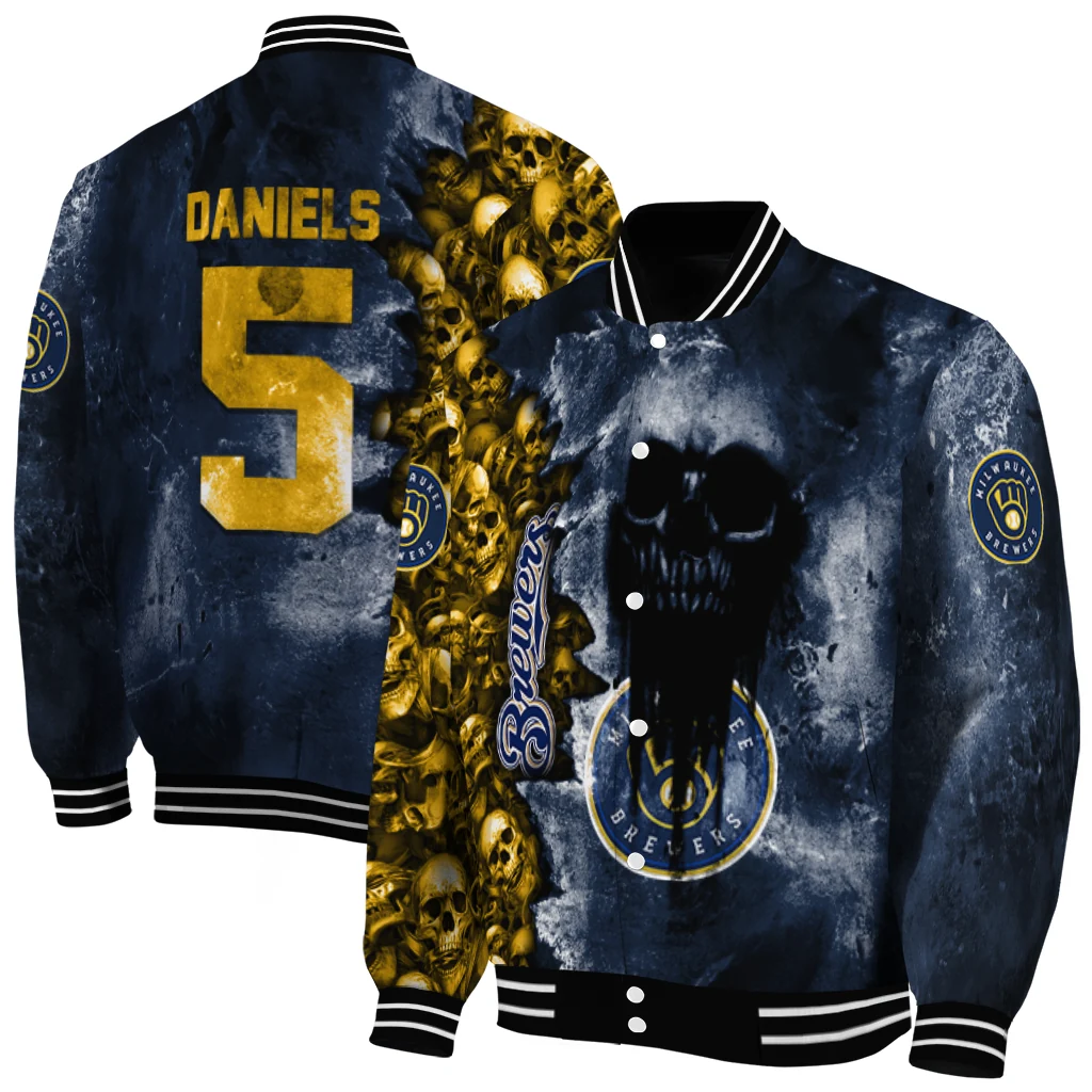 custom milwaukee brewers skull cluster navy blue varsity jacket fashion forward custom milwaukee brewers skull cluster navy blue varsity jacket fashion forward