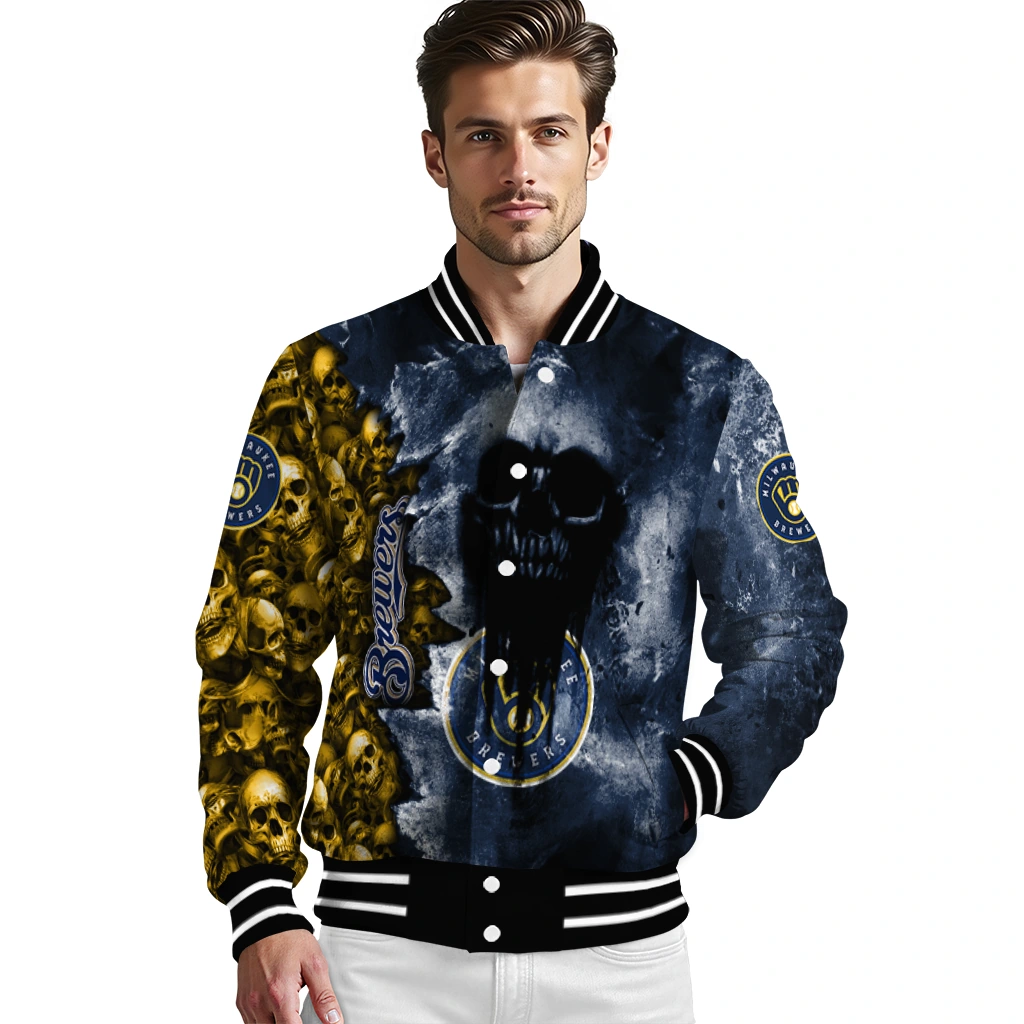 custom milwaukee brewers skull cluster navy blue varsity jacket high quality custom milwaukee brewers skull cluster navy blue varsity jacket high quality