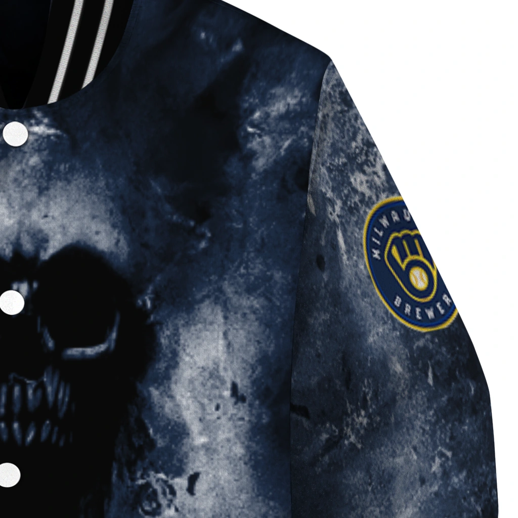custom milwaukee brewers skull cluster navy blue varsity jacket premium grade custom milwaukee brewers skull cluster navy blue varsity jacket premium grade