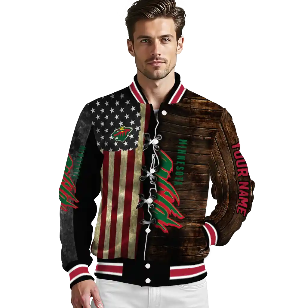 custom minnesota wild flag wood brown varsity jacket high quality custom minnesota wild flag wood brown varsity jacket high quality