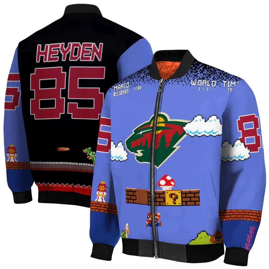 custom minnesota wild mario blocks blue black bomber jacket best selling custom minnesota wild mario blocks blue black bomber jacket best selling