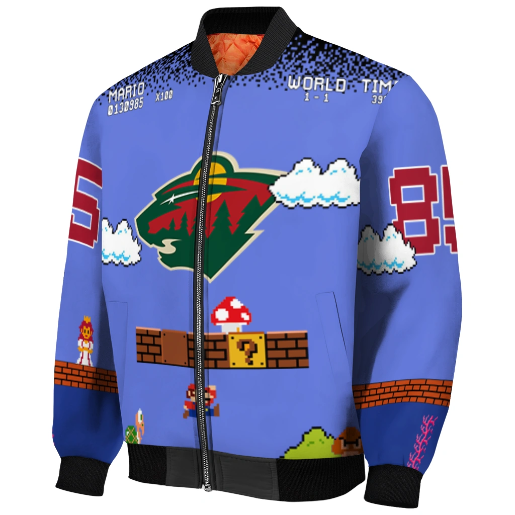 custom minnesota wild mario blocks blue black bomber jacket fashion forward custom minnesota wild mario blocks blue black bomber jacket fashion forward