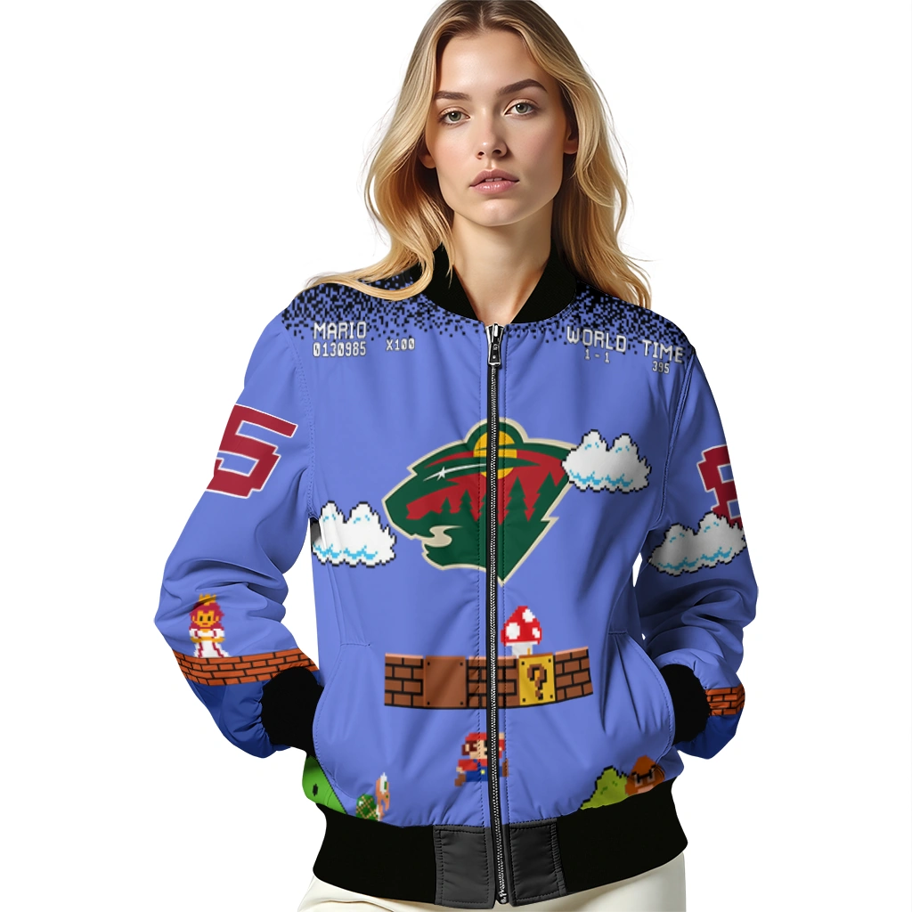 custom minnesota wild mario blocks blue black bomber jacket latest model custom minnesota wild mario blocks blue black bomber jacket latest model