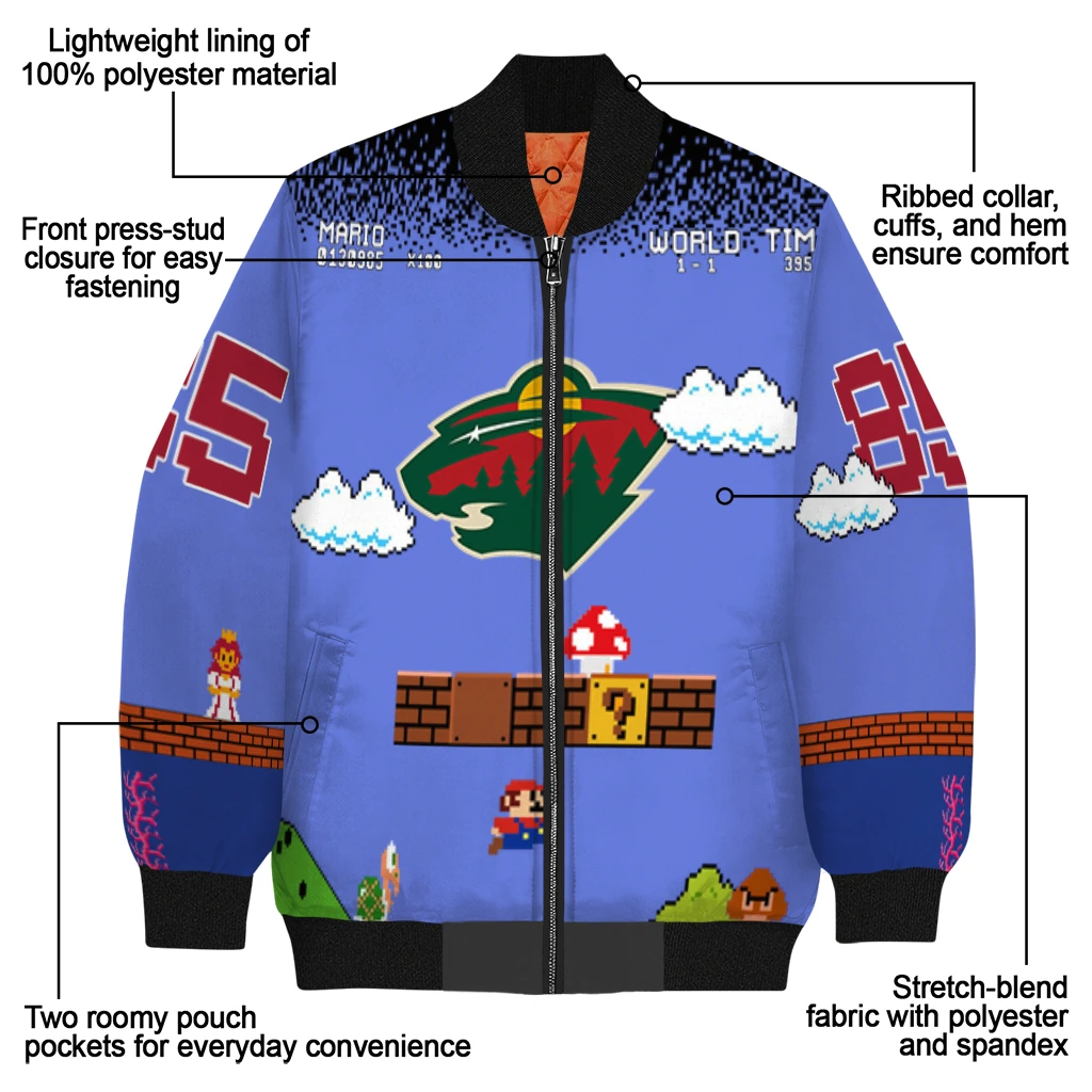 custom minnesota wild mario blocks blue black bomber jacket new arrival custom minnesota wild mario blocks blue black bomber jacket new arrival