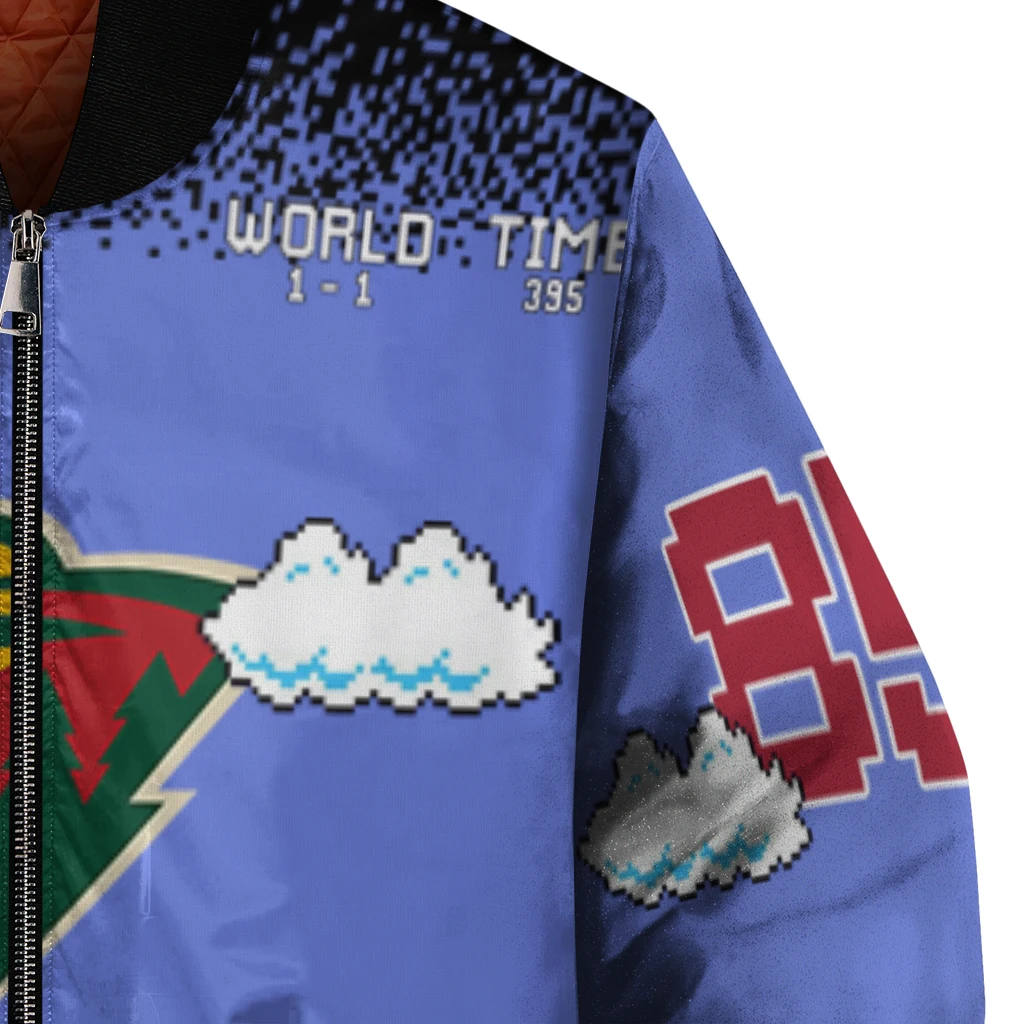 custom minnesota wild mario blocks blue black bomber jacket premium grade custom minnesota wild mario blocks blue black bomber jacket premium grade