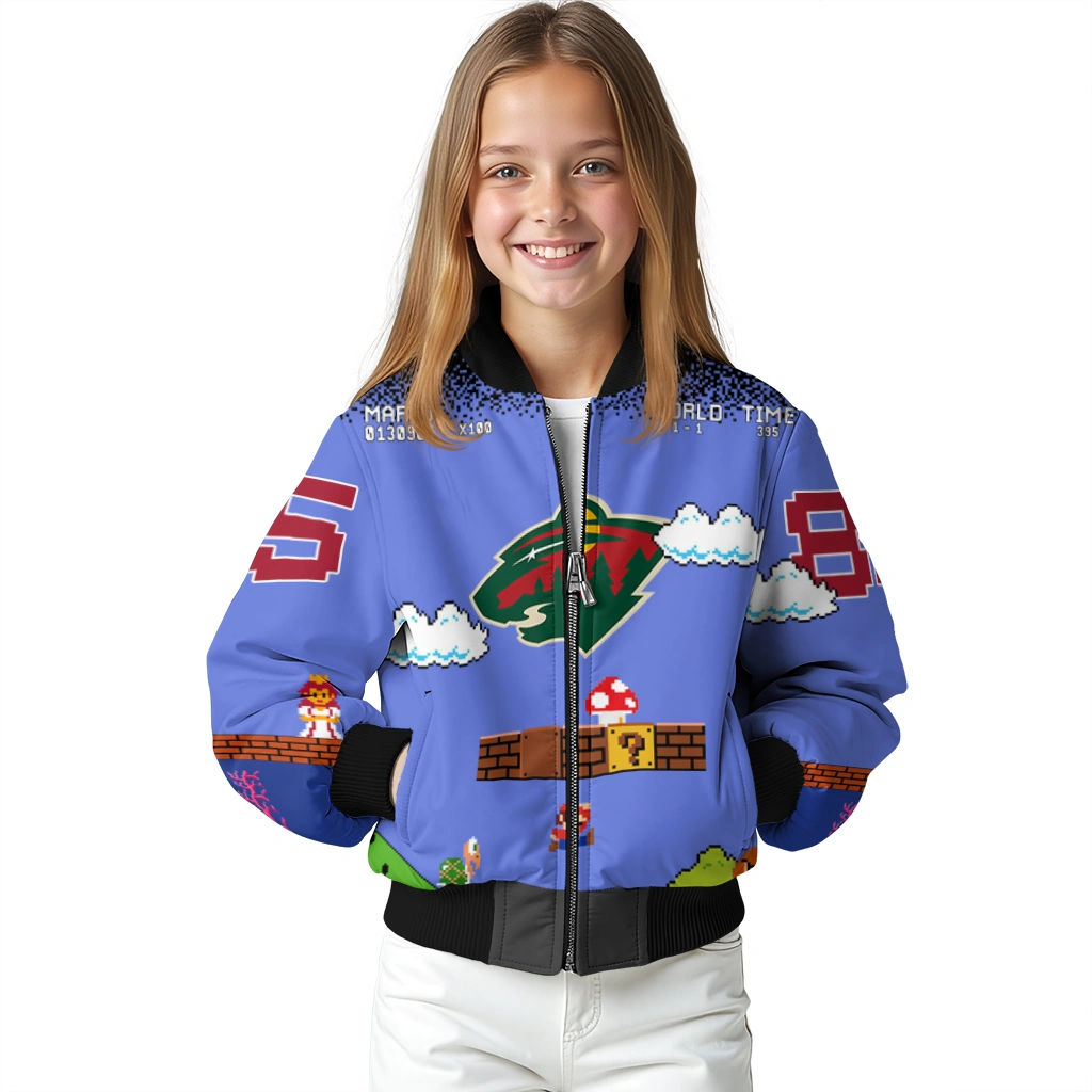 custom minnesota wild mario blocks blue black bomber jacket top rated custom minnesota wild mario blocks blue black bomber jacket top rated