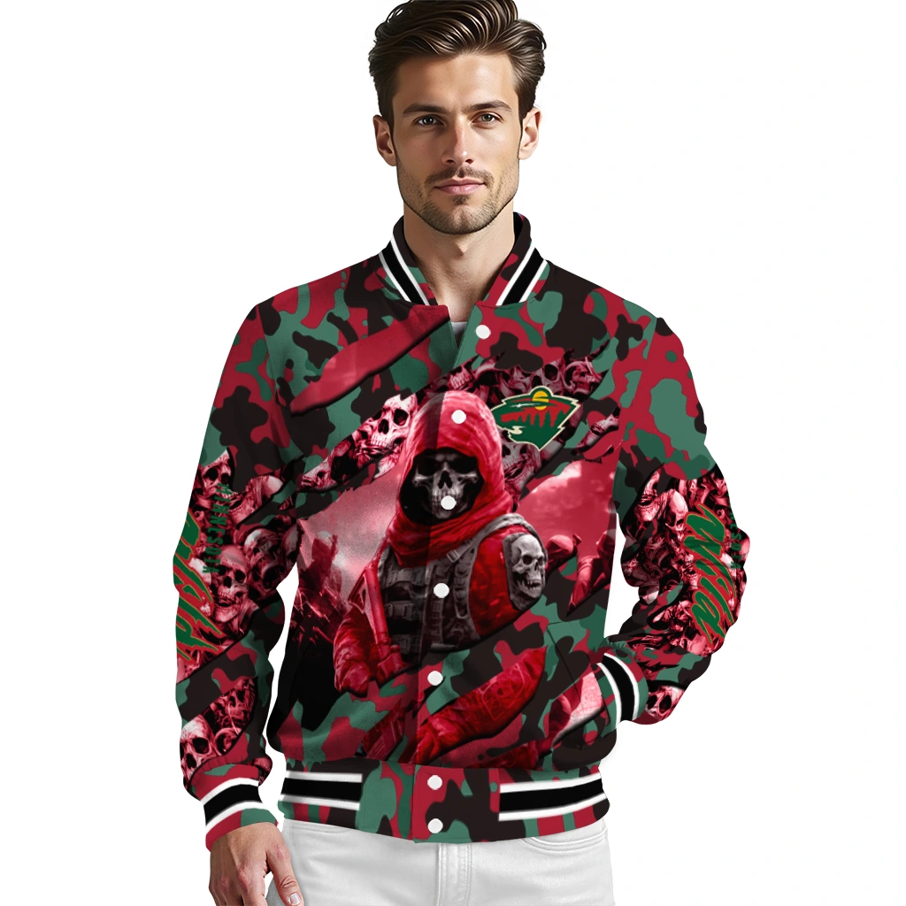 custom minnesota wild skull horde red varsity jacket high quality custom minnesota wild skull horde red varsity jacket high quality