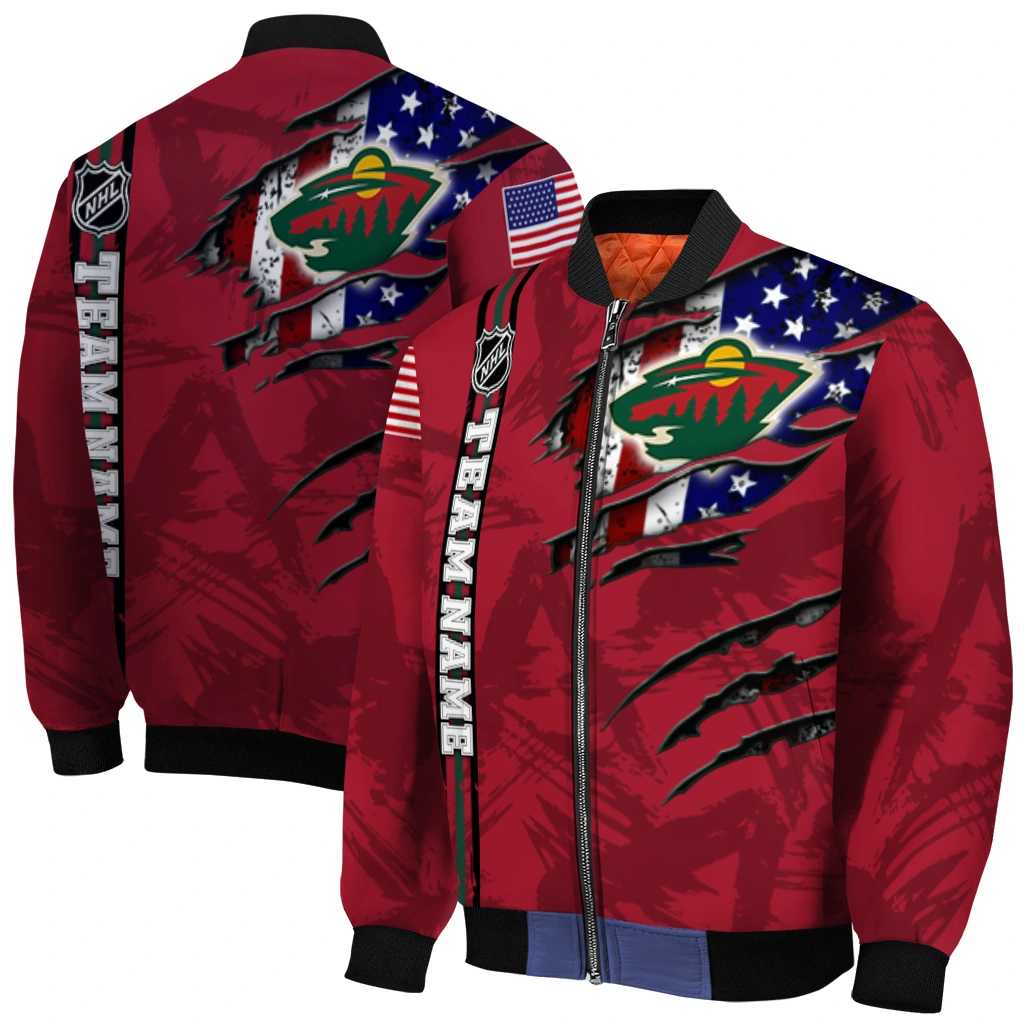 custom minnesota wild usa flag rips red bomber jacket best selling custom minnesota wild usa flag rips red bomber jacket best selling