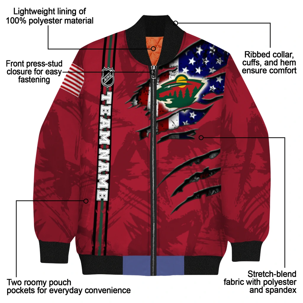 custom minnesota wild usa flag rips red bomber jacket new arrival custom minnesota wild usa flag rips red bomber jacket new arrival