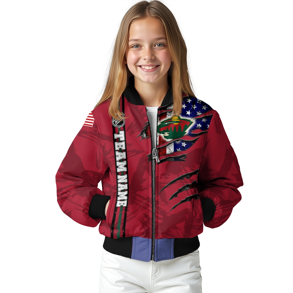 custom minnesota wild usa flag rips red bomber jacket top rated custom minnesota wild usa flag rips red bomber jacket top rated
