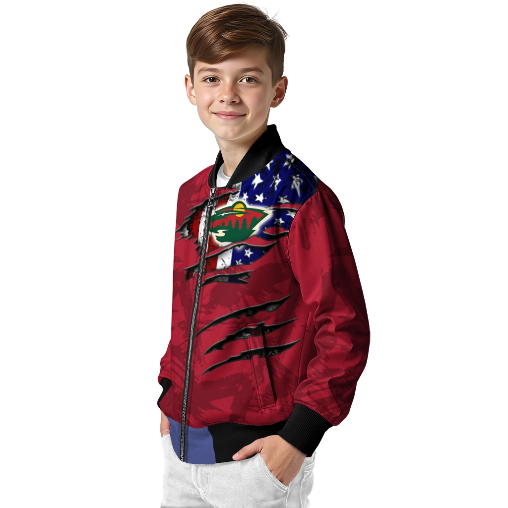custom minnesota wild usa flag rips red bomber jacket trendy custom minnesota wild usa flag rips red bomber jacket trendy