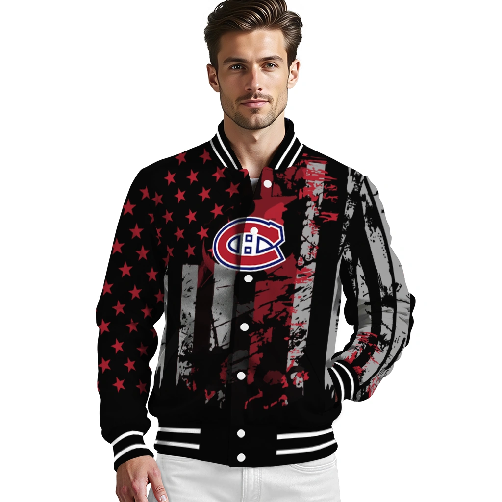 custom montreal canadiens star stripes red black varsity jacket high quality custom montreal canadiens star stripes red black varsity jacket high quality
