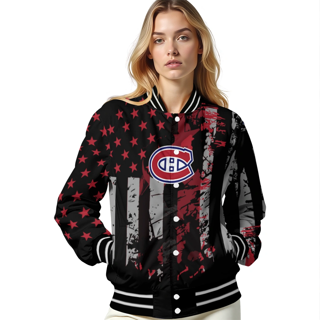 custom montreal canadiens star stripes red black varsity jacket latest model custom montreal canadiens star stripes red black varsity jacket latest model