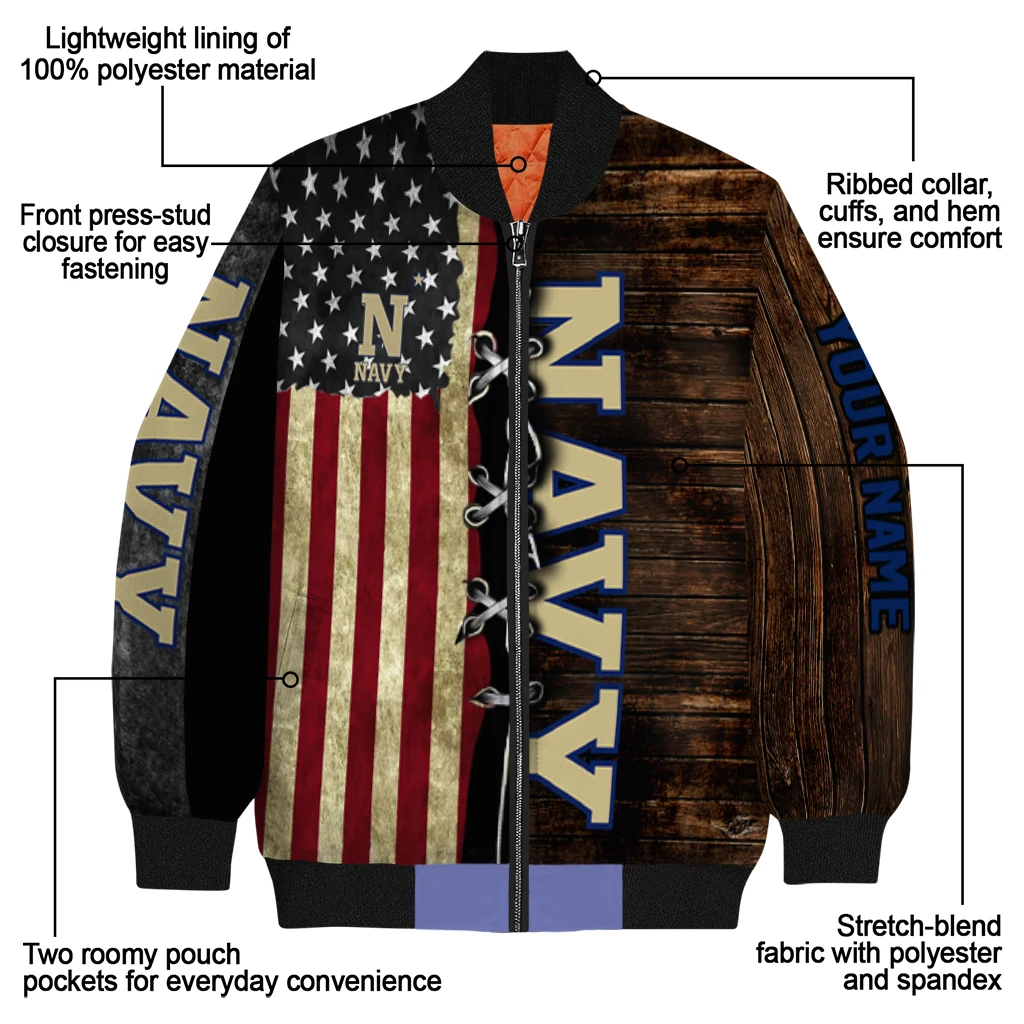 custom navy midshipmen flag wood brown bomber jacket new arrival custom navy midshipmen flag wood brown bomber jacket new arrival