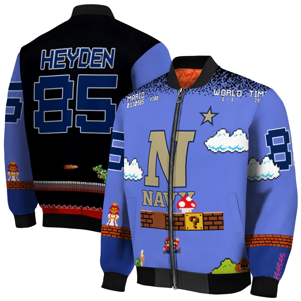 custom navy midshipmen mario blocks blue black bomber jacket best selling custom navy midshipmen mario blocks blue black bomber jacket best selling
