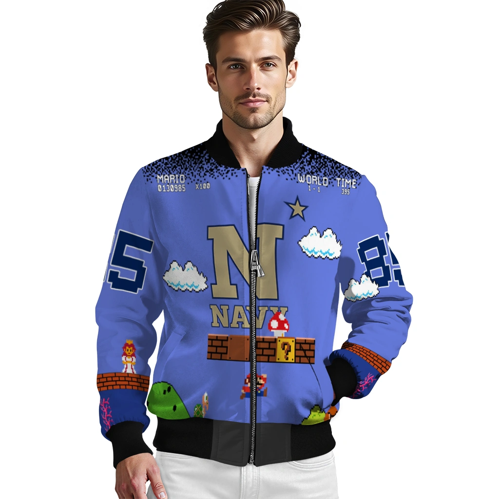 custom navy midshipmen mario blocks blue black bomber jacket high quality custom navy midshipmen mario blocks blue black bomber jacket high quality