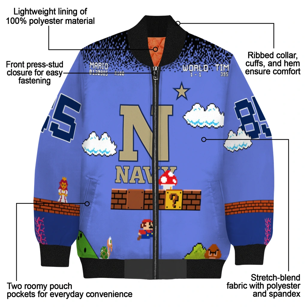 custom navy midshipmen mario blocks blue black bomber jacket new arrival custom navy midshipmen mario blocks blue black bomber jacket new arrival