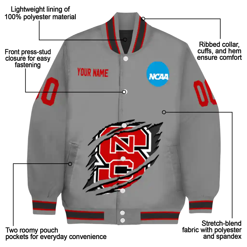 custom nc state wolfpack feral slash grey varsity jacket new arrival custom nc state wolfpack feral slash grey varsity jacket new arrival