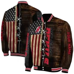 custom new jersey devils flag wood brown varsity jacket best selling