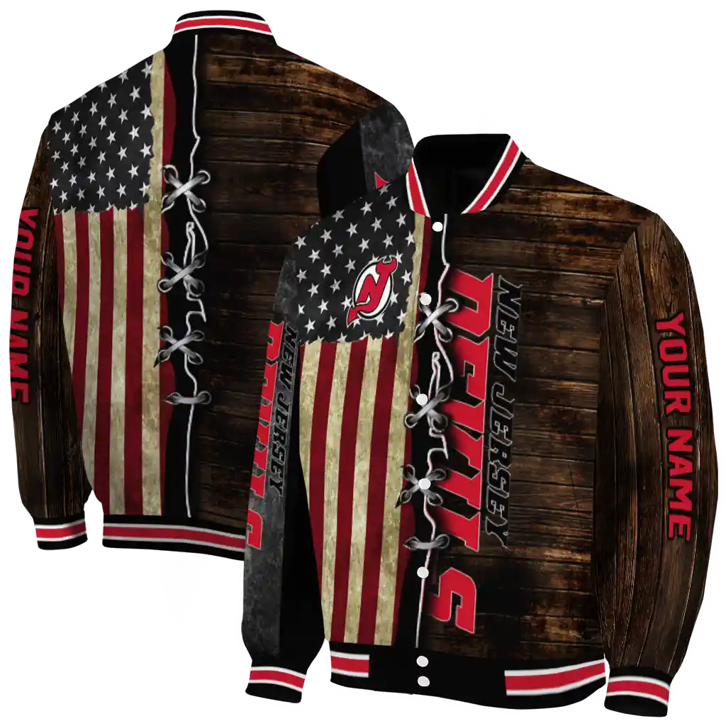 custom new jersey devils flag wood brown varsity jacket fashion forward custom new jersey devils flag wood brown varsity jacket fashion forward