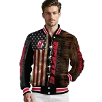 custom new jersey devils flag wood brown varsity jacket best selling