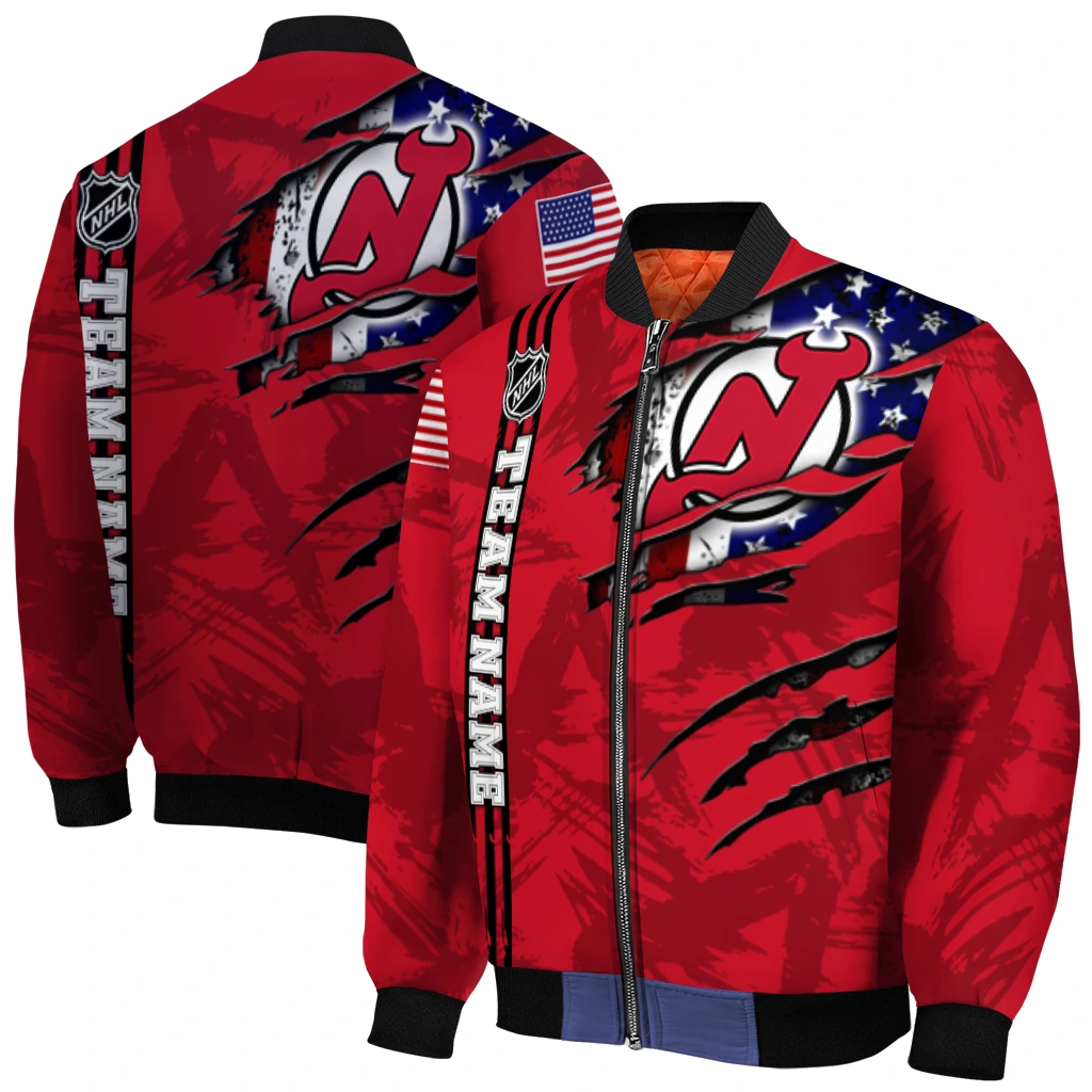 custom new jersey devils usa flag rips red bomber jacket best selling custom new jersey devils usa flag rips red bomber jacket best selling