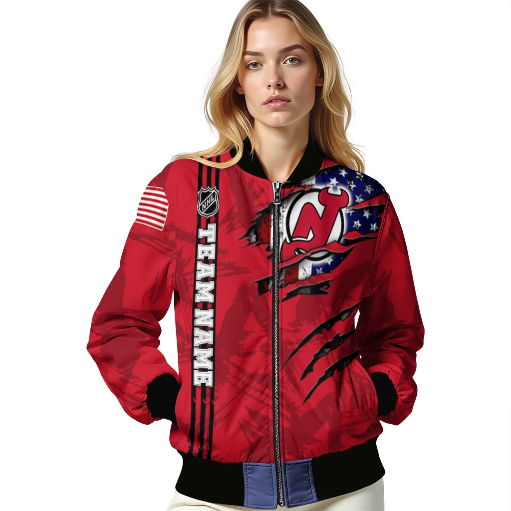 custom new jersey devils usa flag rips red bomber jacket latest model custom new jersey devils usa flag rips red bomber jacket latest model