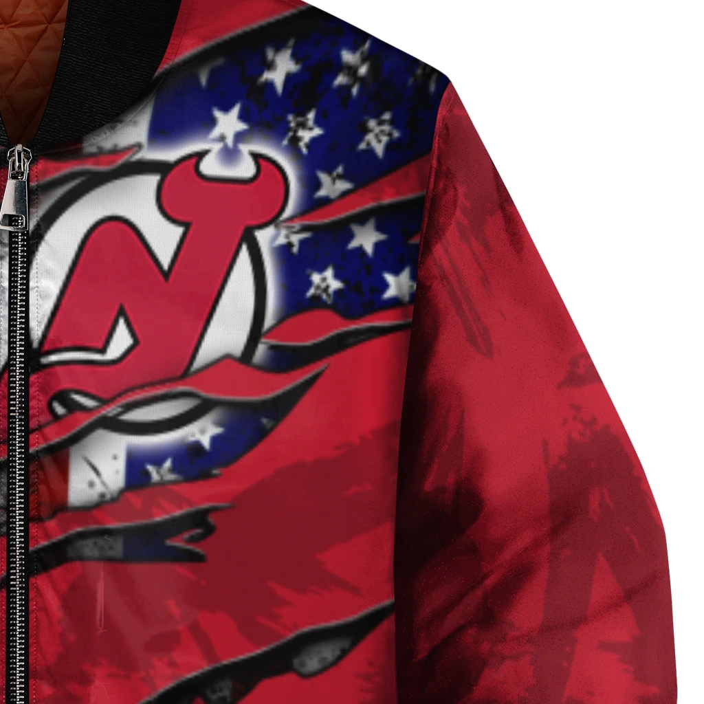 custom new jersey devils usa flag rips red bomber jacket premium grade custom new jersey devils usa flag rips red bomber jacket premium grade