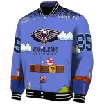 custom new orleans pelicans mario blocks blue black varsity jacket best selling