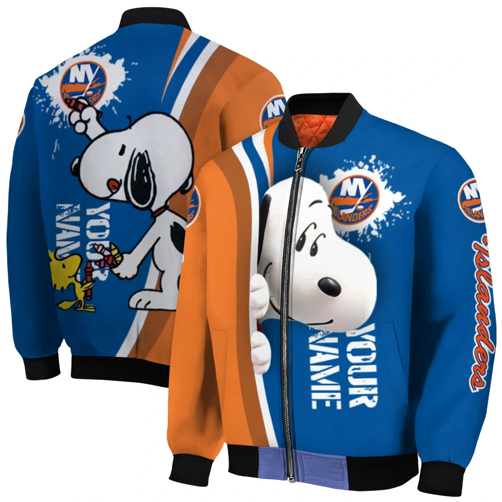 custom new york islanders snoopy head blue bomber jacket best selling custom new york islanders snoopy head blue bomber jacket best selling