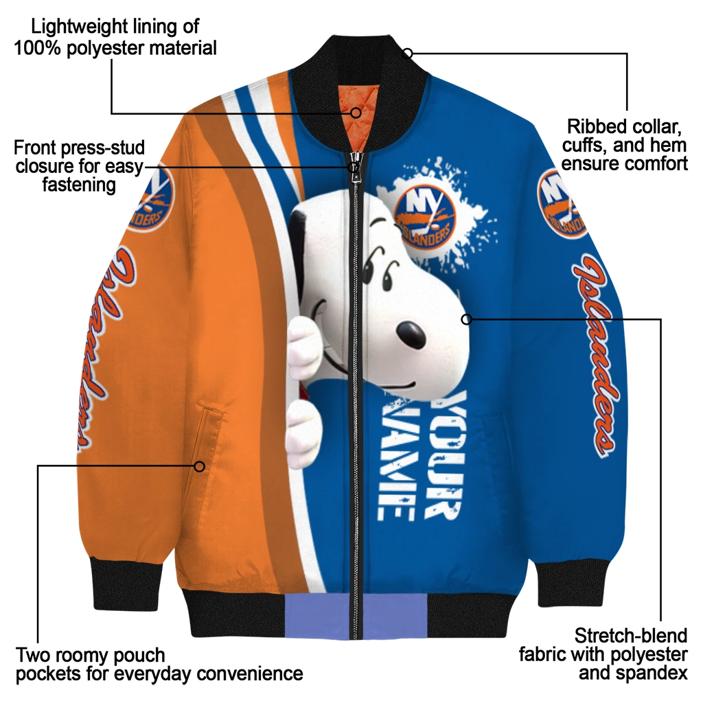 custom new york islanders snoopy head blue bomber jacket new arrival custom new york islanders snoopy head blue bomber jacket new arrival