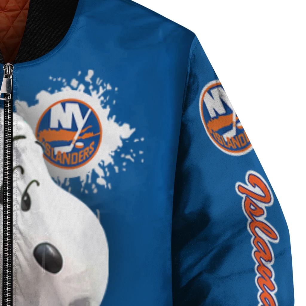 custom new york islanders snoopy head blue bomber jacket premium grade custom new york islanders snoopy head blue bomber jacket premium grade
