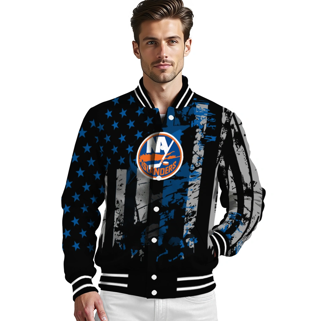 custom new york islanders star stripes blue black varsity jacket high quality custom new york islanders star stripes blue black varsity jacket high quality