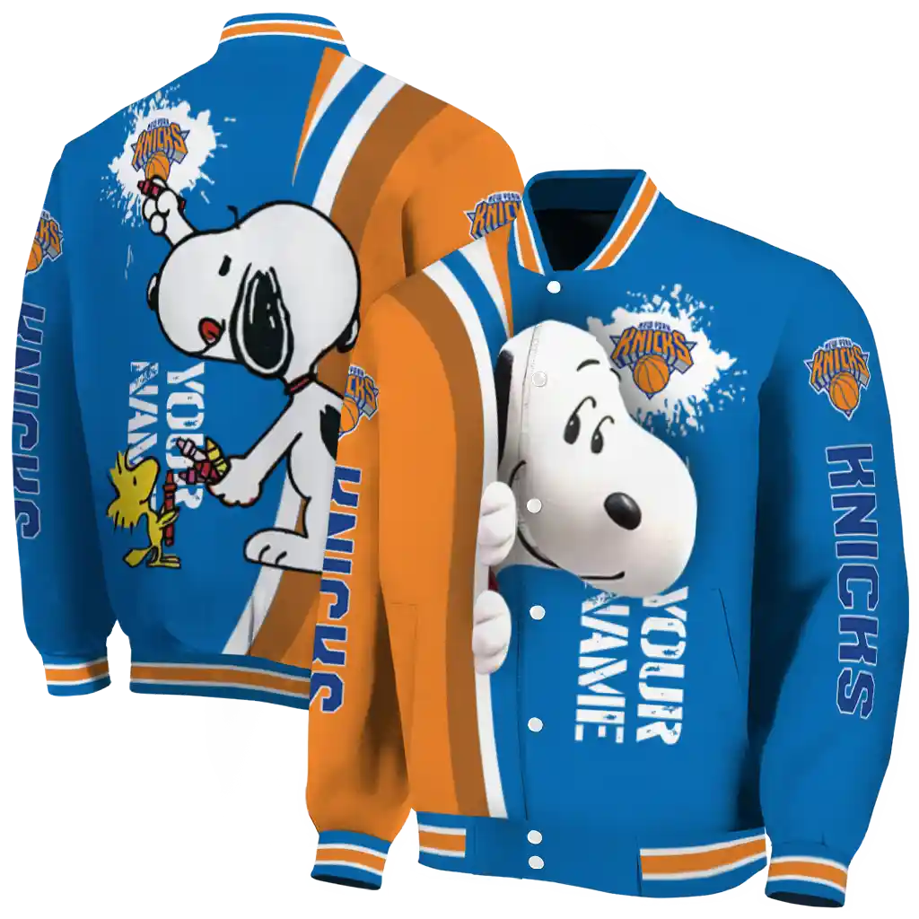 custom new york knicks snoopy head blue varsity jacket fashion forward custom new york knicks snoopy head blue varsity jacket fashion forward