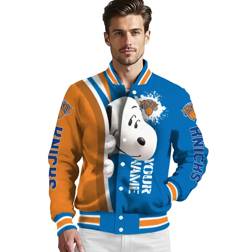 custom new york knicks snoopy head blue varsity jacket high quality custom new york knicks snoopy head blue varsity jacket high quality