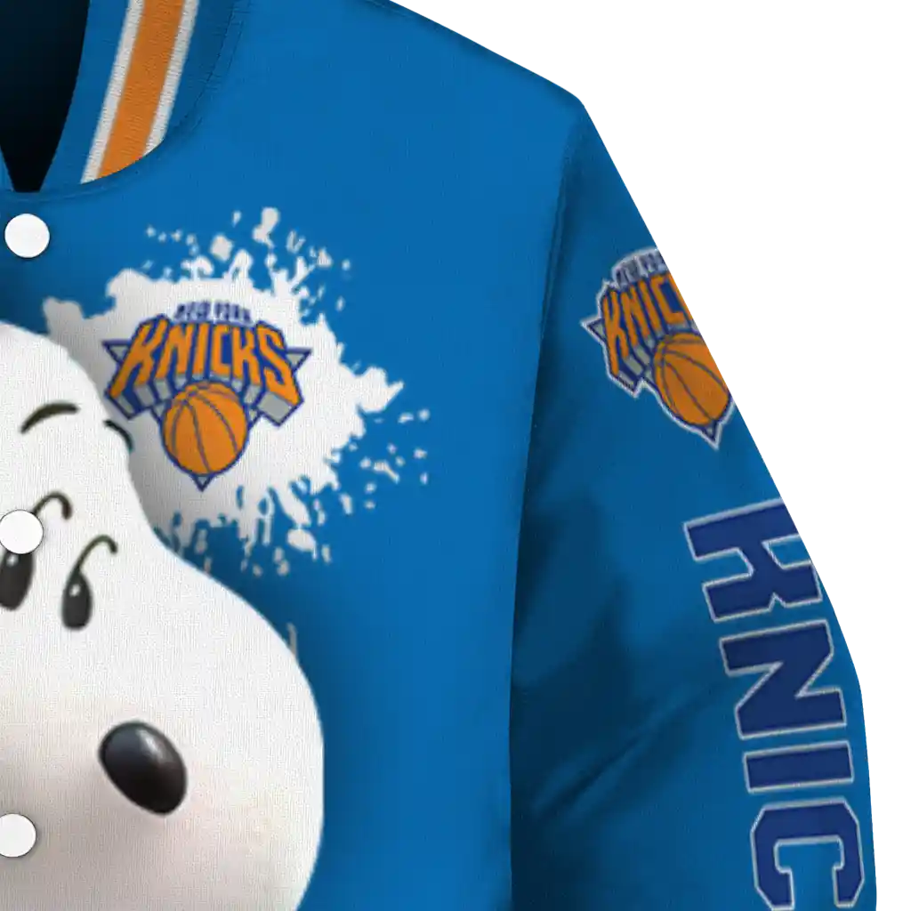 custom new york knicks snoopy head blue varsity jacket premium grade custom new york knicks snoopy head blue varsity jacket premium grade