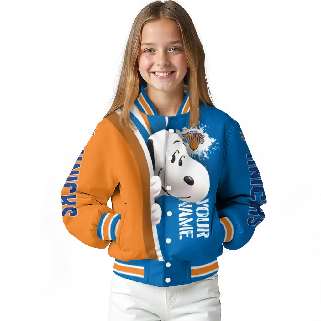 custom new york knicks snoopy head blue varsity jacket top rated custom new york knicks snoopy head blue varsity jacket top rated