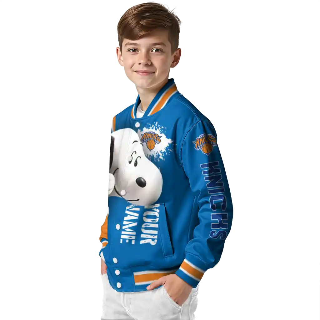 custom new york knicks snoopy head blue varsity jacket trendy custom new york knicks snoopy head blue varsity jacket trendy