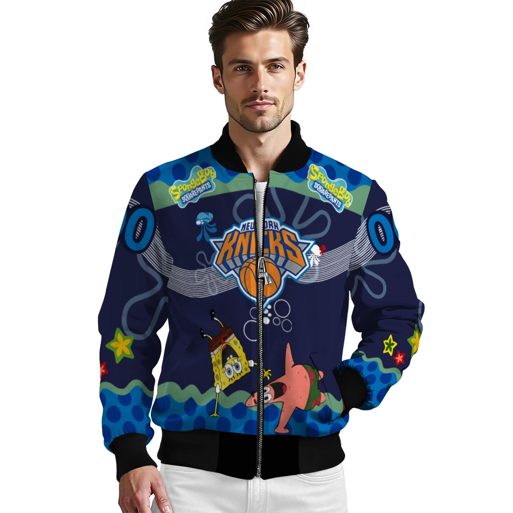 custom new york knicks spongebob playtime blue bomber jacket high quality custom new york knicks spongebob playtime blue bomber jacket high quality
