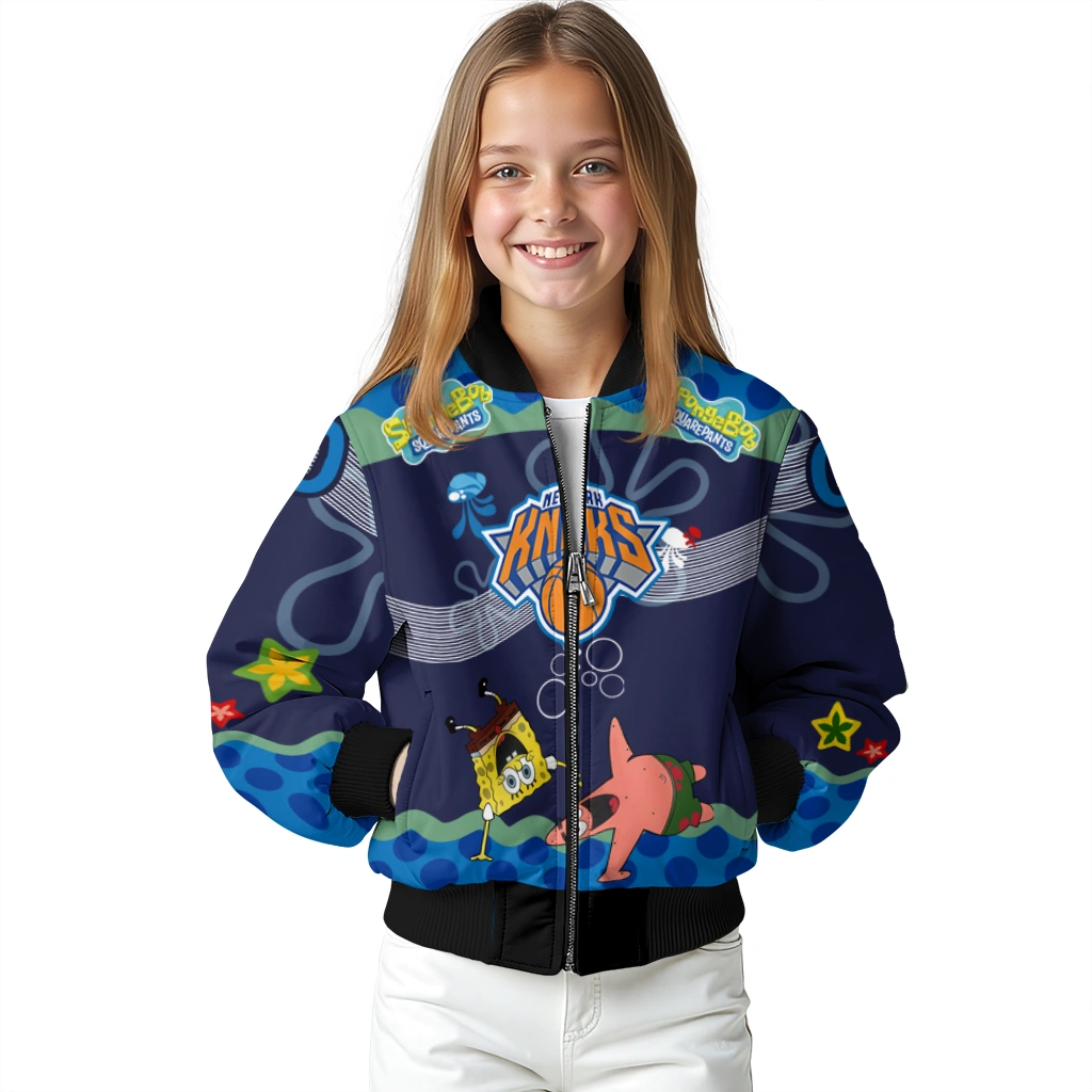 custom new york knicks spongebob playtime blue bomber jacket top rated custom new york knicks spongebob playtime blue bomber jacket top rated