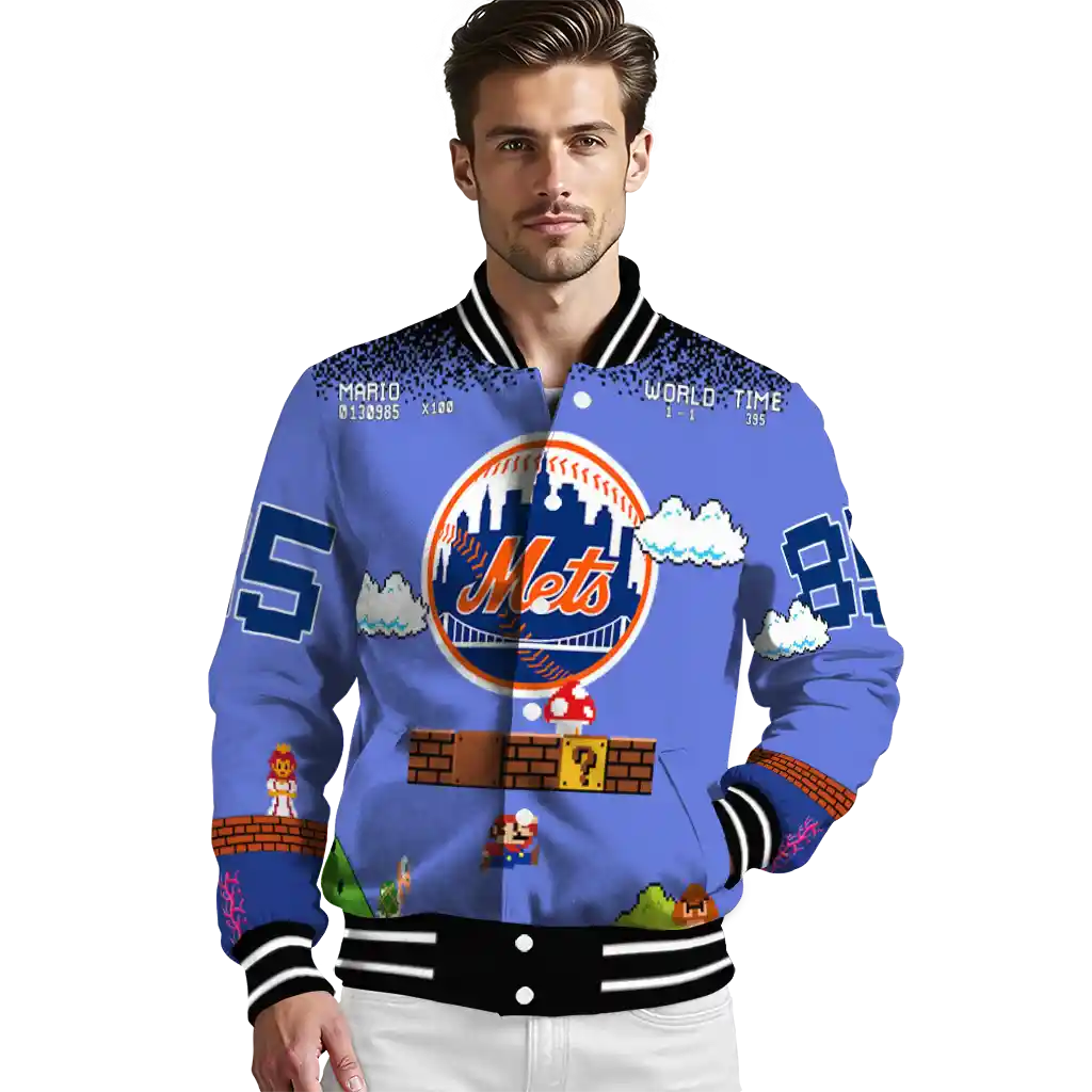 custom new york mets mario blocks blue black varsity jacket high quality custom new york mets mario blocks blue black varsity jacket high quality