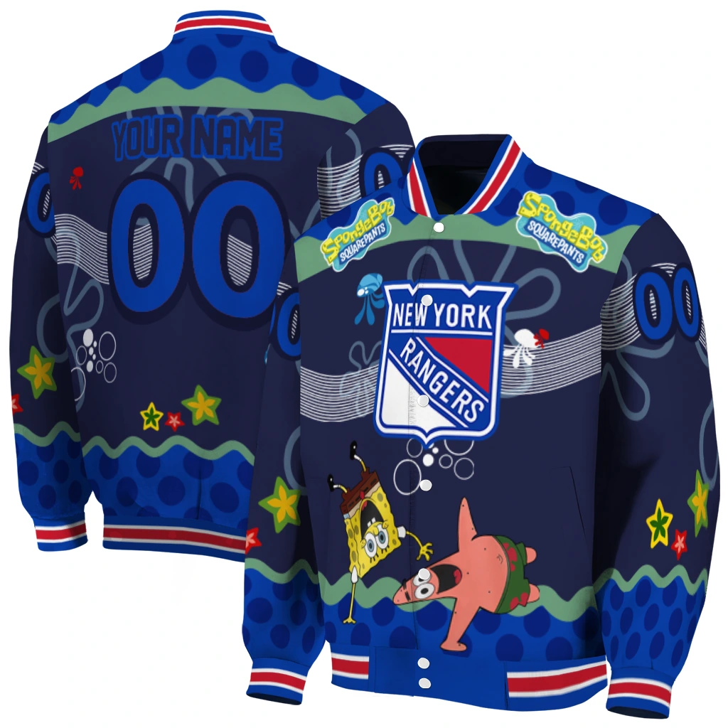 custom new york rangers spongebob playtime blue varsity jacket fashion forward custom new york rangers spongebob playtime blue varsity jacket fashion forward