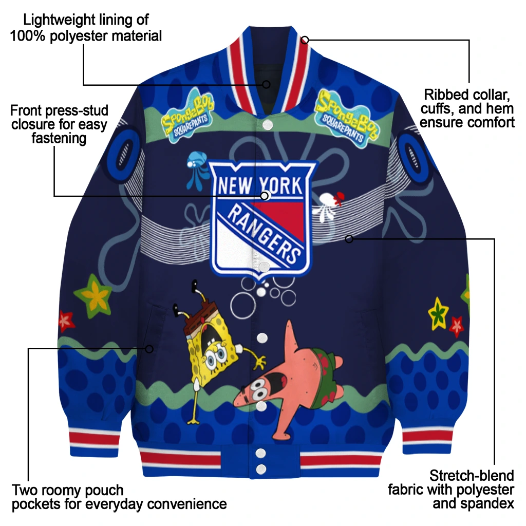 custom new york rangers spongebob playtime blue varsity jacket new arrival custom new york rangers spongebob playtime blue varsity jacket new arrival