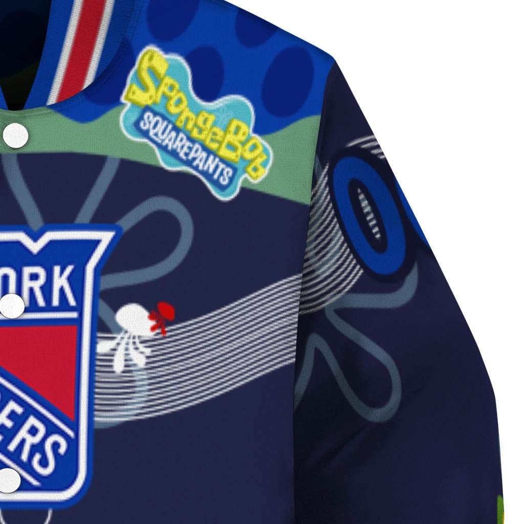 custom new york rangers spongebob playtime blue varsity jacket premium grade custom new york rangers spongebob playtime blue varsity jacket premium grade