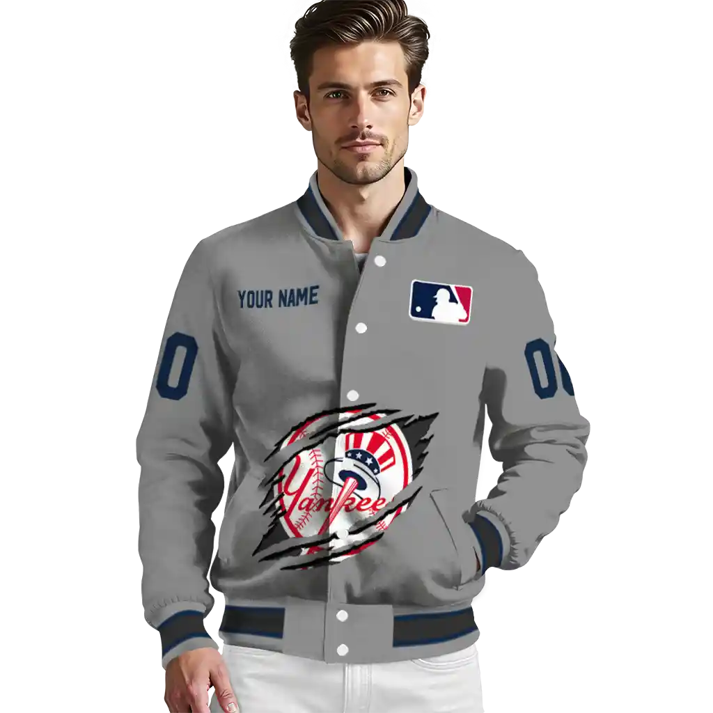 custom new york yankees claw rend grey varsity jacket high quality custom new york yankees claw rend grey varsity jacket high quality