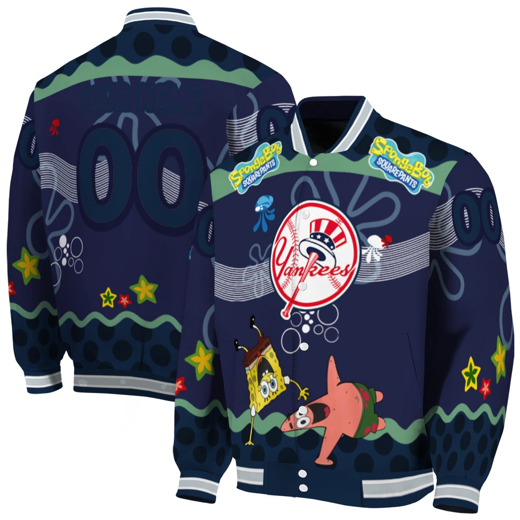 custom new york yankees spongebob playtime navy blue varsity jacket fashion forward custom new york yankees spongebob playtime navy blue varsity jacket fashion forward