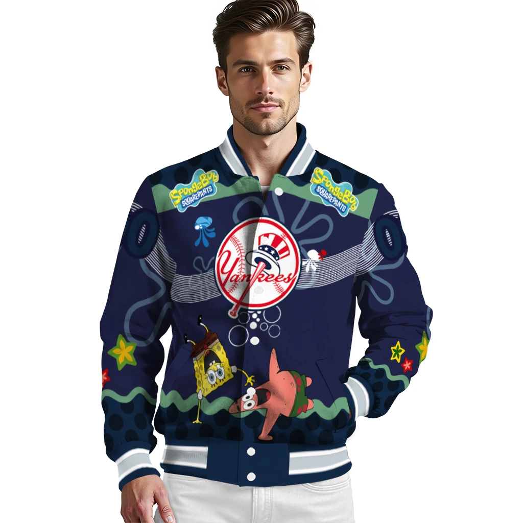 custom new york yankees spongebob playtime navy blue varsity jacket high quality custom new york yankees spongebob playtime navy blue varsity jacket high quality