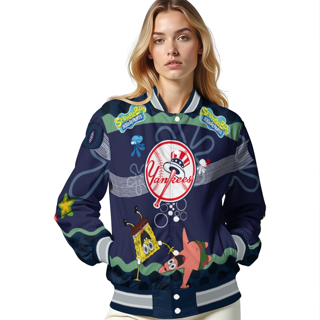 custom new york yankees spongebob playtime navy blue varsity jacket latest model custom new york yankees spongebob playtime navy blue varsity jacket latest model
